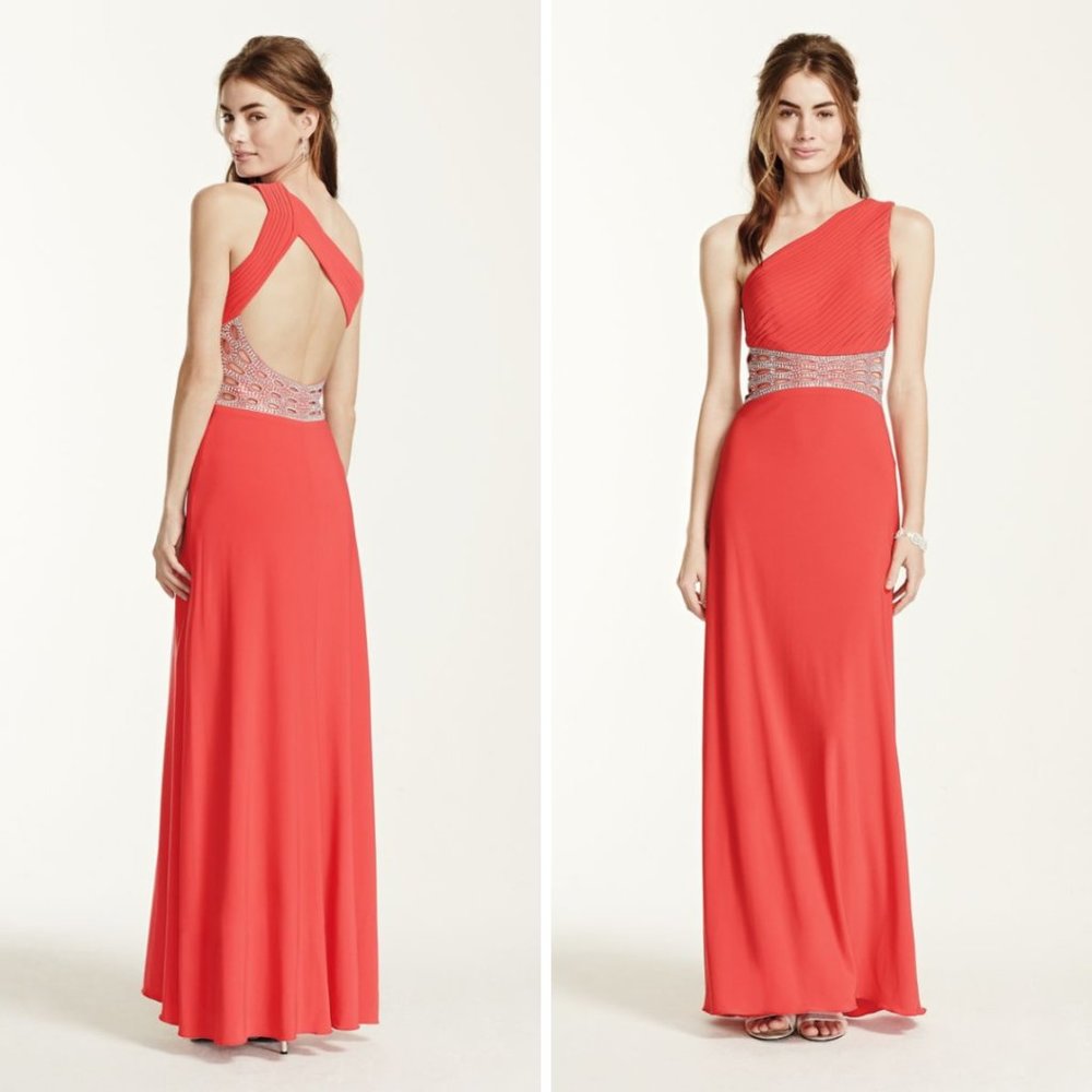 NWT David's Bridal One Shoulder Cut Out Silver Rhinestone Waist Coral Dress Sz 0